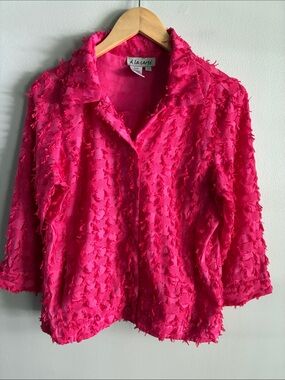 A La Carte M Hot Pink Textured Fringe Button Down Shirt Artsy Statement